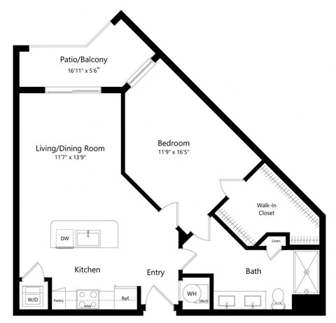 Floor plan for 1 bed, 1 bath, 782 sqft